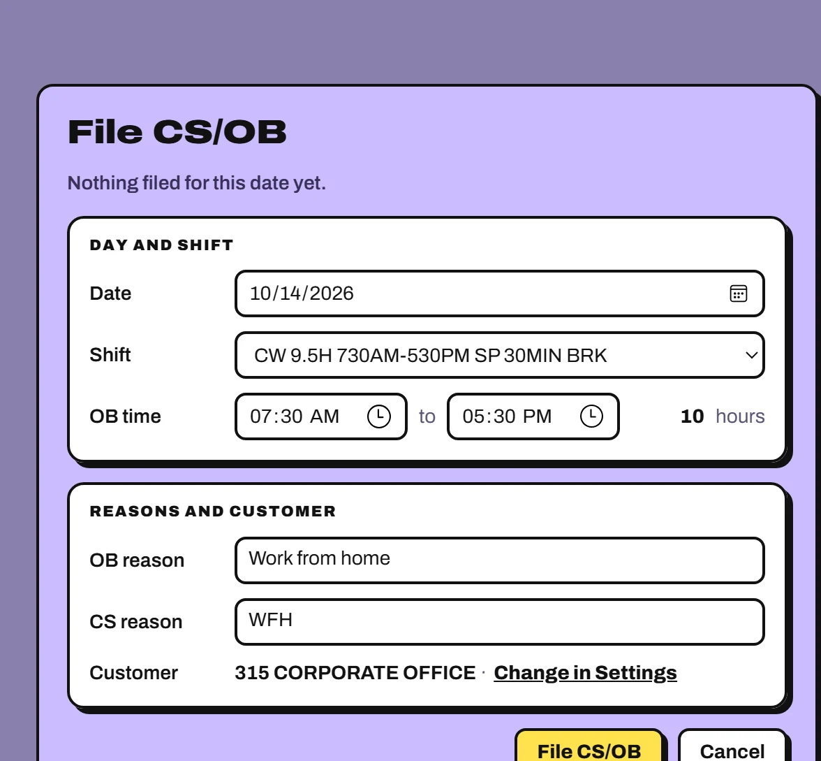 The File CS/OB dialog with sample data: date 10/14/2026, the shift CW 9.5H 730AM-530PM SP 30MIN BRK, OB time 07:30 AM to 05:30 PM, 10 hours.